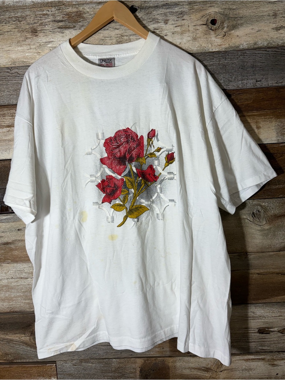 vintage Oneita white t-shirt featuring a red rose graphic design
